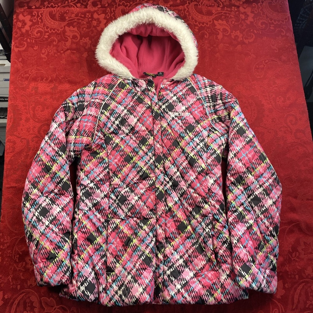 VTG 90s Pacific Trail Parka Womens XL 16 Jacket Fur Hood Geometric AOP‎ Argyle